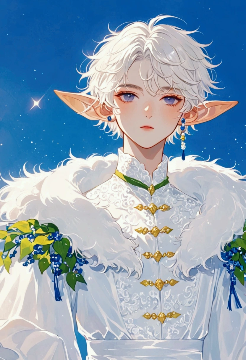 1 handsome boy，White short hair，Elf ears，Exaggerated dress，多层Fluffy领子，Bare shoulders，Exaggerated sleeves，Fluffy，Fluffy白色薄纱，Dark solid background
