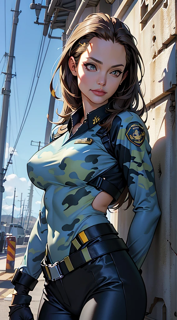 Angelina Jolie character, face detailed, mature woman, marine uniform (totally blue colors), major rank, brown hair, yellow eyes(honey color), delicate figure, female body, naval setting, marine pants (camouflage), marine medals, marine field, intimidating posture, military posture (body). Closeup image.