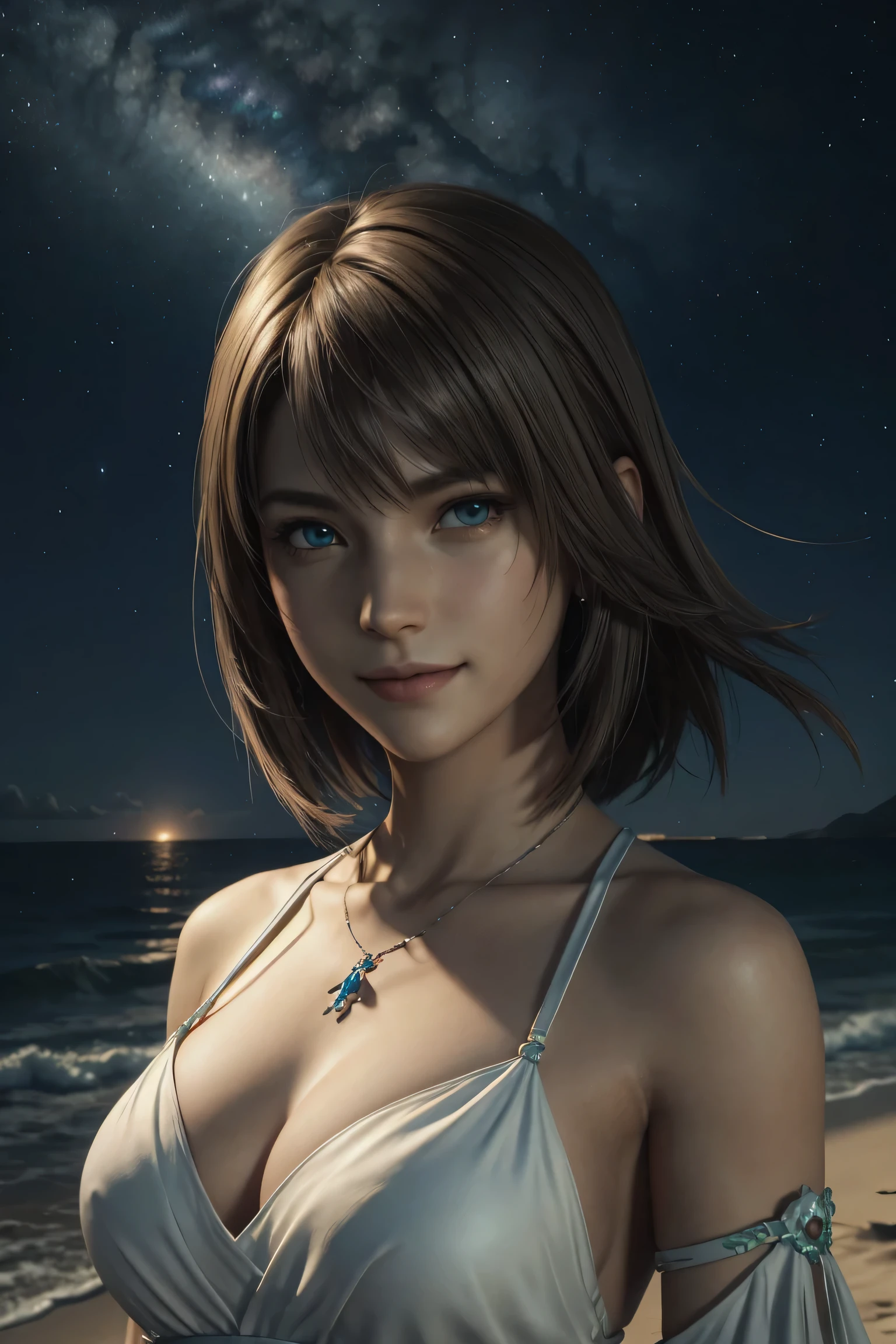 The best one,yuna,Final Fantasy 10,FF10,Medium Hair,Brown hair,Let your bangs down,Beautiful green and blue odd eyes,,Beautiful and tall nose,Photorealistic,ultra HD,high quality,masterpiece,Digital SLR,Detailed details,Intricate details,Anatomical basis,Depicted in detail,A detailed face,Realistic skin texture,Vivid details,Perfect Anatomy,Perfect Anatomy,Anatomically correct hand,Anatomically correct fingers,Super Detail,Complex 3D rendering,Huge ,Sexy pose,The beautiful world of Final Fantasy 10,White long dress,Beautiful night sky,A beach with a beautiful starry sky,Fantastic beaches,Fantasy worldview,Picturesque,Pink Lips,smile,