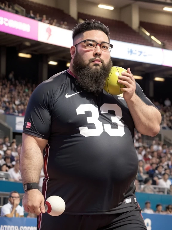 (yossan), beard, Glasses, obesity, Sports photography, Shot put, Throw, Powerful facial expressions, Pellets, Iron ball, Japanese Representative, Bib, Cheering from the stadium, full body