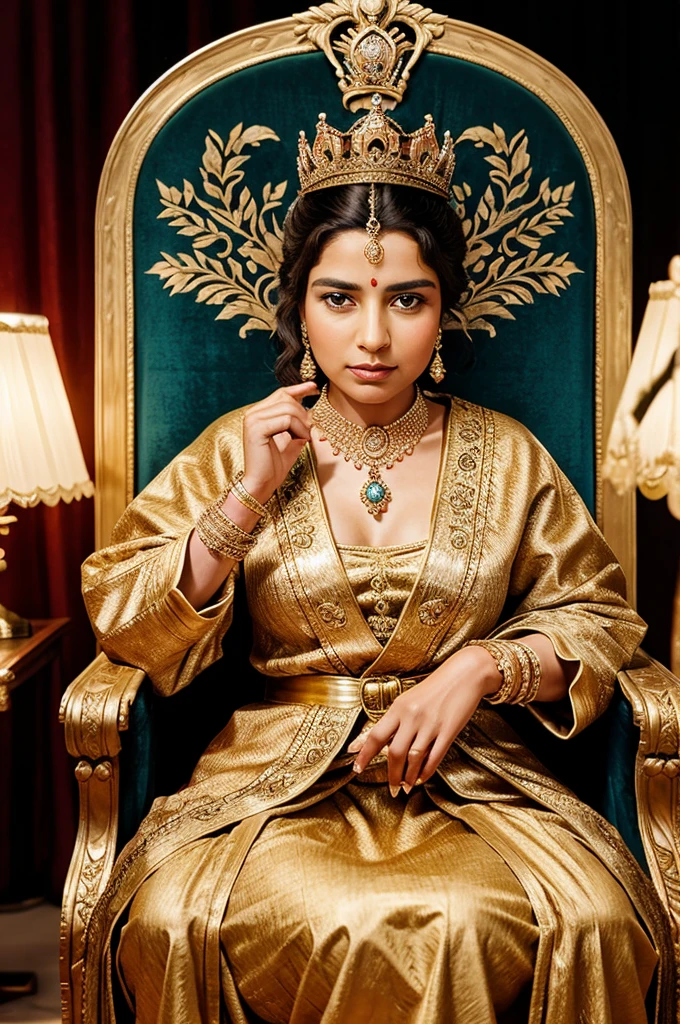 The queen is seated on a throne with her name written on the back shubhashi 