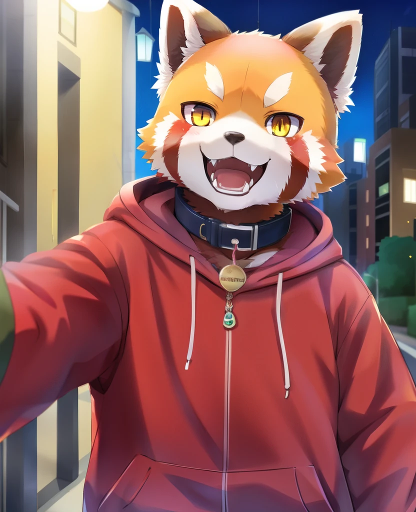 Red Panda, Yellow Eyes, candy, Dressed, hoodie, collar, jewelry, outside, street, Happy, smile, Selfie, Sharp teeth, kemono, by geppei5959, by Kiyosan