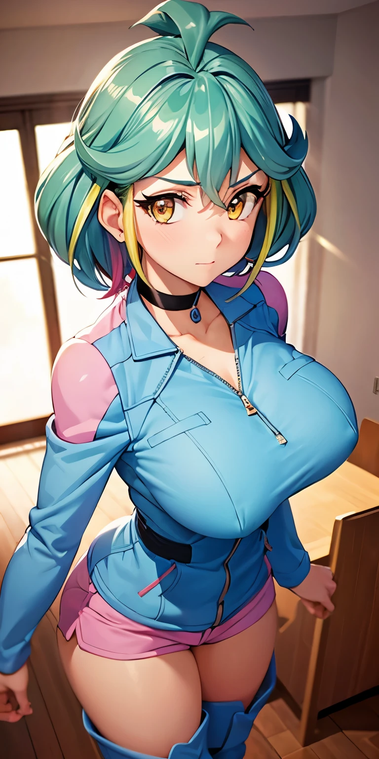 1 Female,High definition,high resolution,Ultra-realistic,8K, rin_arc_v,blue jacket,long sleeves,black choker,pink shorts,white thighs boots, multicolored hair,yellow eyes,European,sexy,Upper body close-up,Photographed from the front,Dynamic Angles,private teacher,blush, huge tits, nipples ,show , pretty ,(pov , closed shot:1.3)
