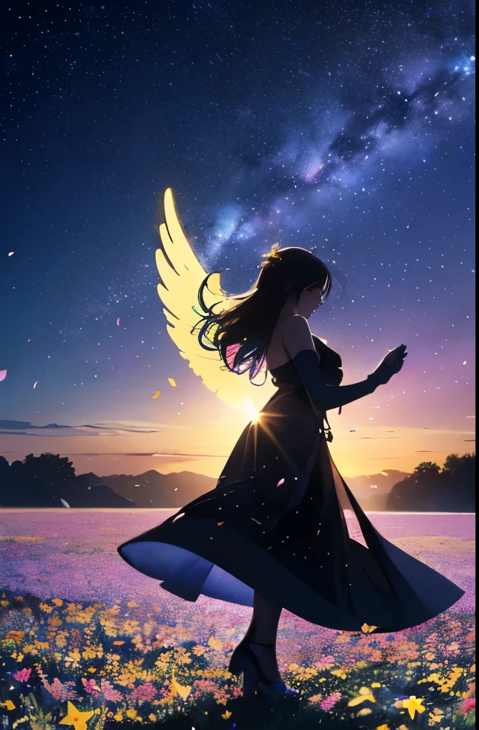 (star-filled sky and midnight: 1.3), (flower field with colorful petals dancing: 1.5), (silhouette of an angel standing in the distance, spreading her wings and looking up at the sky: 1.2), (galaxy floating and shining in the sky).