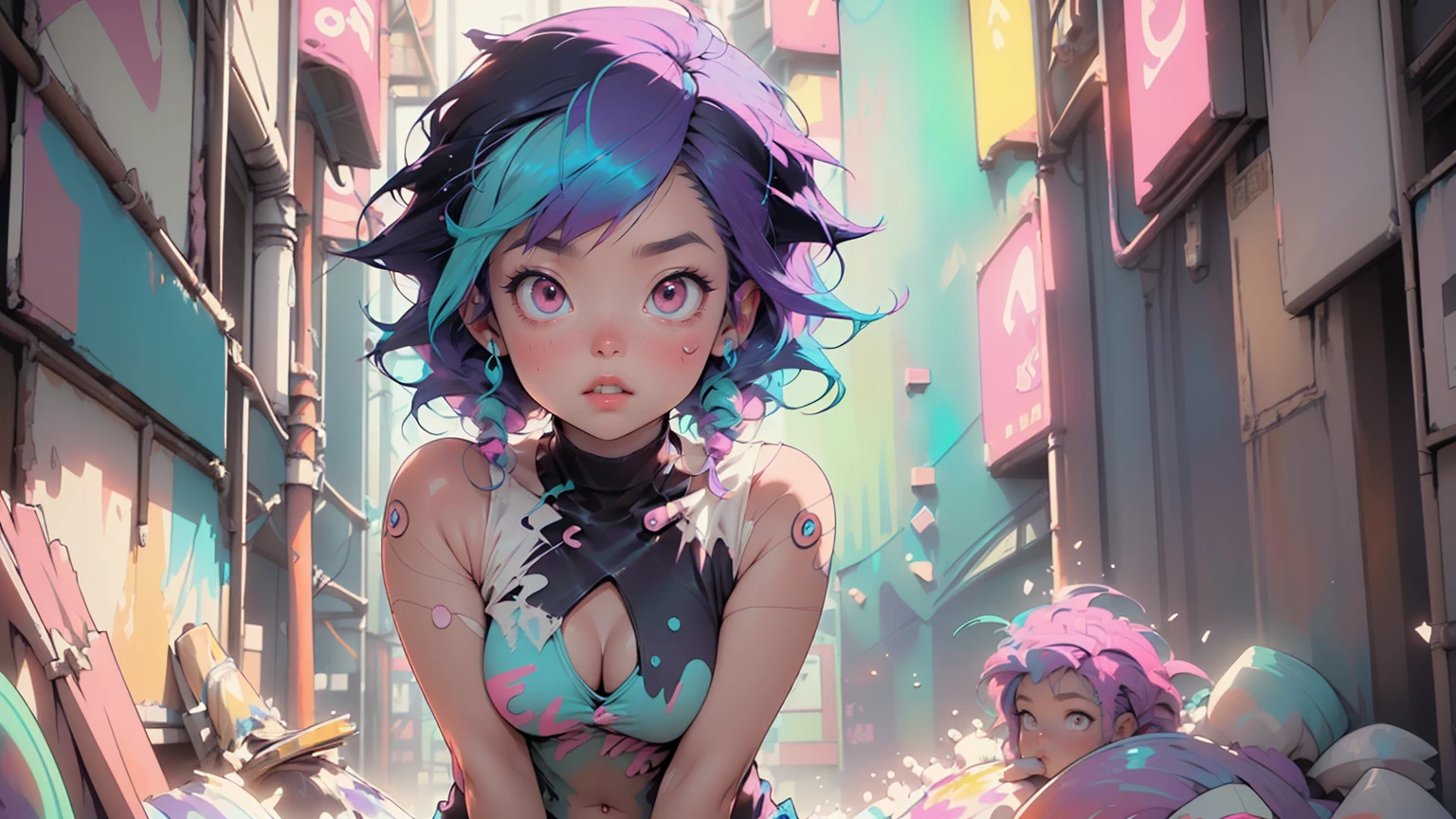 flat chested, flat stomach, tiny body, small stature, baby face,lustrous skin, bright skin,shiny skin,purple eyes,vibrant colors,rich colors,(((liquid paint hair:1.1))) ,(((neon purple hair | neon pink hair | neon blue hair | neon aqua hair | purple hair | fuchsia hair | fluorescent blue hair | amethyst hair | neon hair | bright pink hair :1.5))), ((made of paint and defies gravity,thick flowing),(paint splatter:1.3), (shiny hair: 1.3),