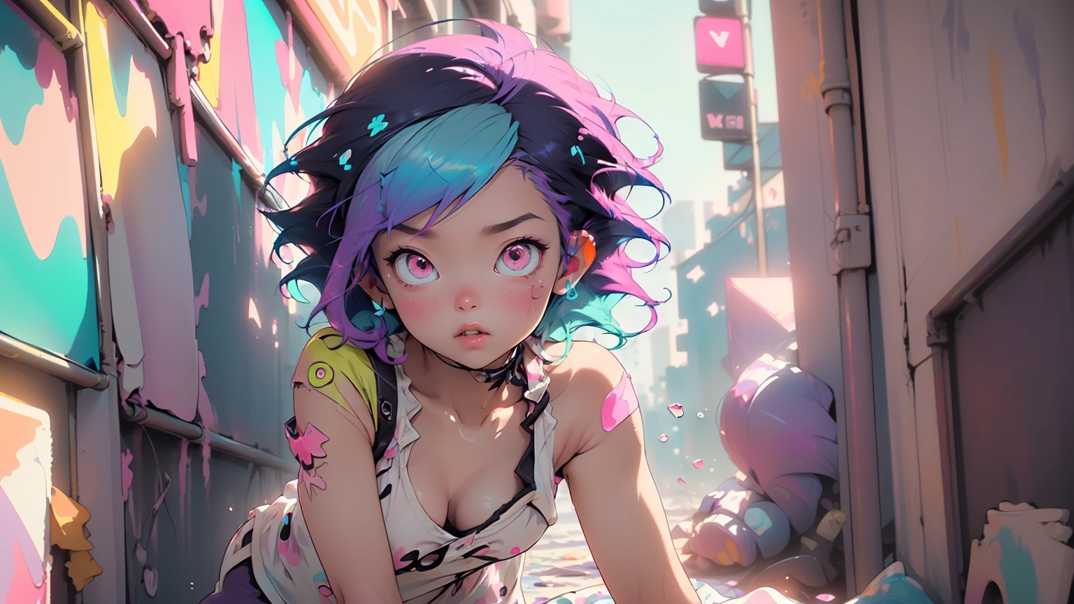 flat chested, flat stomach, tiny body, small stature, baby face,lustrous skin, bright skin,shiny skin,purple eyes,vibrant colors,rich colors,(((liquid paint hair:1.1))) ,(((neon purple hair | neon pink hair | neon blue hair | neon aqua hair | purple hair | fuchsia hair | fluorescent blue hair | amethyst hair | neon hair | bright pink hair :1.5))), ((made of paint and defies gravity,thick flowing),(paint splatter:1.3), (shiny hair: 1.3),