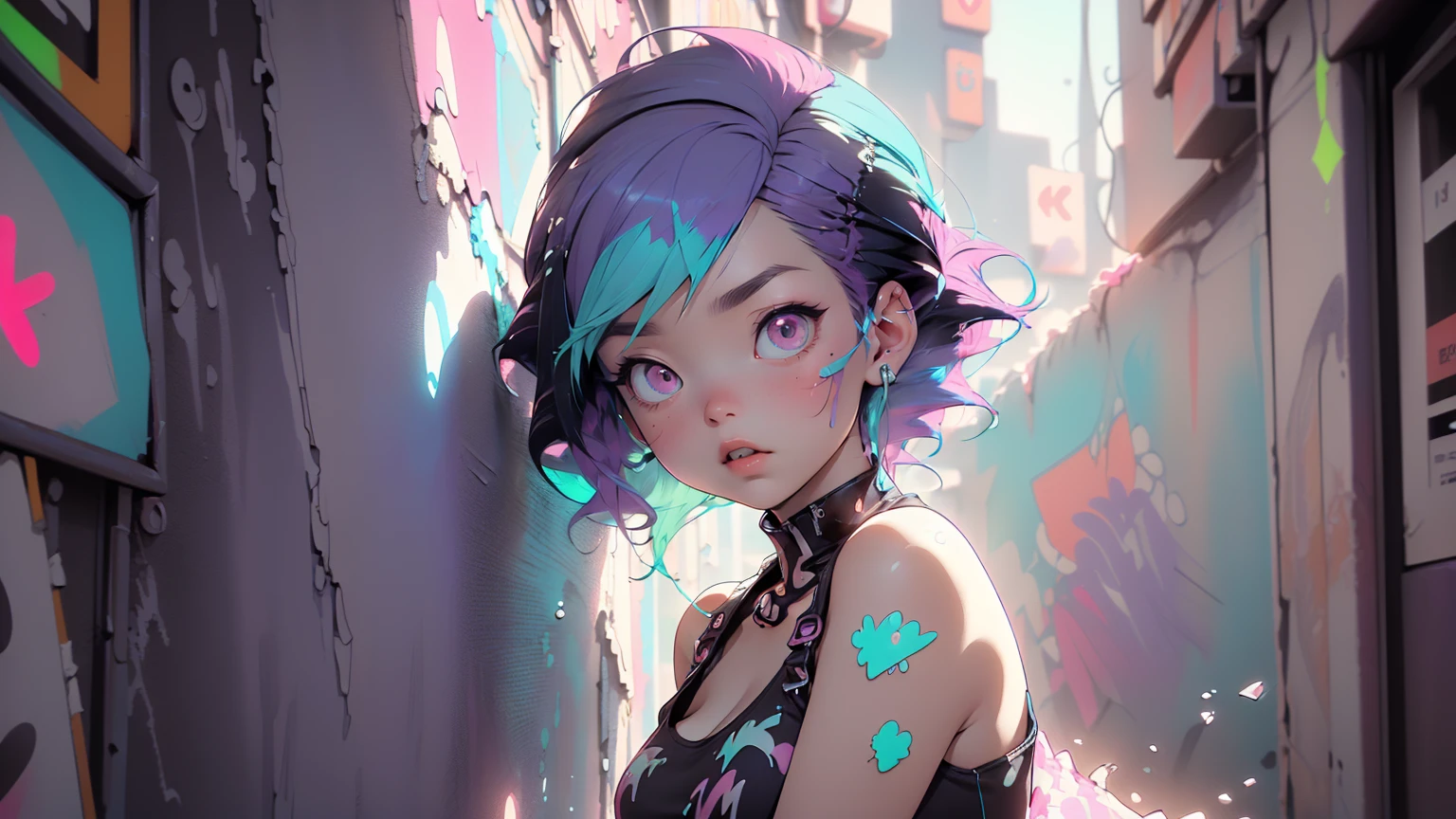 flat chested, flat stomach, tiny body, small stature, baby face,lustrous skin, bright skin,shiny skin,purple eyes,vibrant colors,rich colors,(((liquid paint hair:1.1))) ,(((neon purple hair | neon pink hair | neon blue hair | neon aqua hair | purple hair | fuchsia hair | fluorescent blue hair | amethyst hair | neon hair | bright pink hair :1.5))), ((made of paint and defies gravity,thick flowing),(paint splatter:1.3), (shiny hair: 1.3),