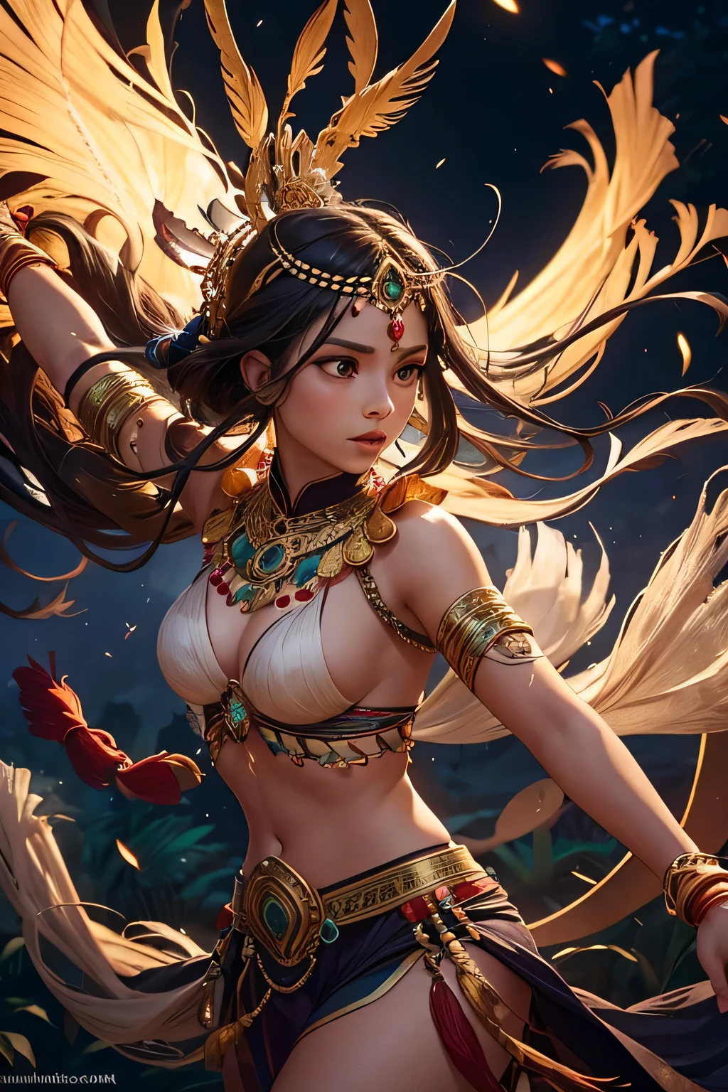 A stunning Amazon warrior performs a traditional dance under the moonlight, surrounded by the shadowy greenery of the jungle. She wears a beautifully intricate traditional outfit made of feathers, beads, and animal skins, which glisten in the silvery light. Her movements are energetic and graceful as she dances around a central bonfire, which crackles and sends up sparks into the night sky. The scene is filled with the sounds of drums and festive music, and other tribe members watch in admiration. The moonlight casts an ethereal glow on her and the surroundings, creating a mystical and enchanting atmosphere.