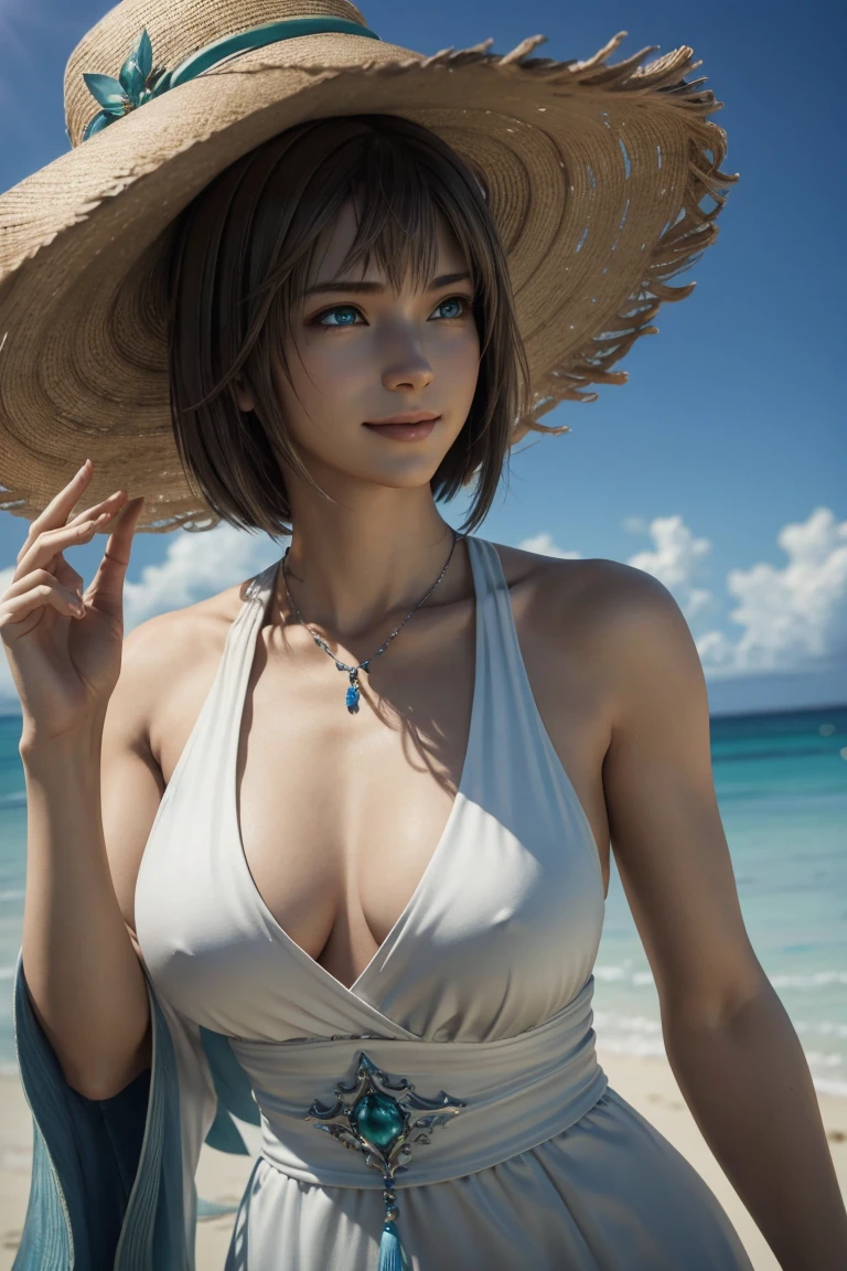 The best one,Yuna,Final Fantasy 10,FF10,Medium Hair,Brown hair,Let your bangs down,Beautiful green and blue odd eyes,,Beautiful and tall nose,Photorealistic,Ultra HD,high quality,masterpiece,Digital SLR,Detailed details,Intricate details,Anatomical basis,Depicted in detail,A detailed face,Realistic skin texture,Vivid details,Perfect Anatomy,Perfect Anatomy,Anatomically correct hand,Anatomically correct fingers,Super Detail,Complex 3D rendering,Huge ,Sexy pose,Final Fantasy 10の美しい世界,White long dress,White Hat,Beautiful blue sky,Beautiful beaches,Fantastic beaches,Fantasy worldview,Picturesque,Pink Lips,smile,