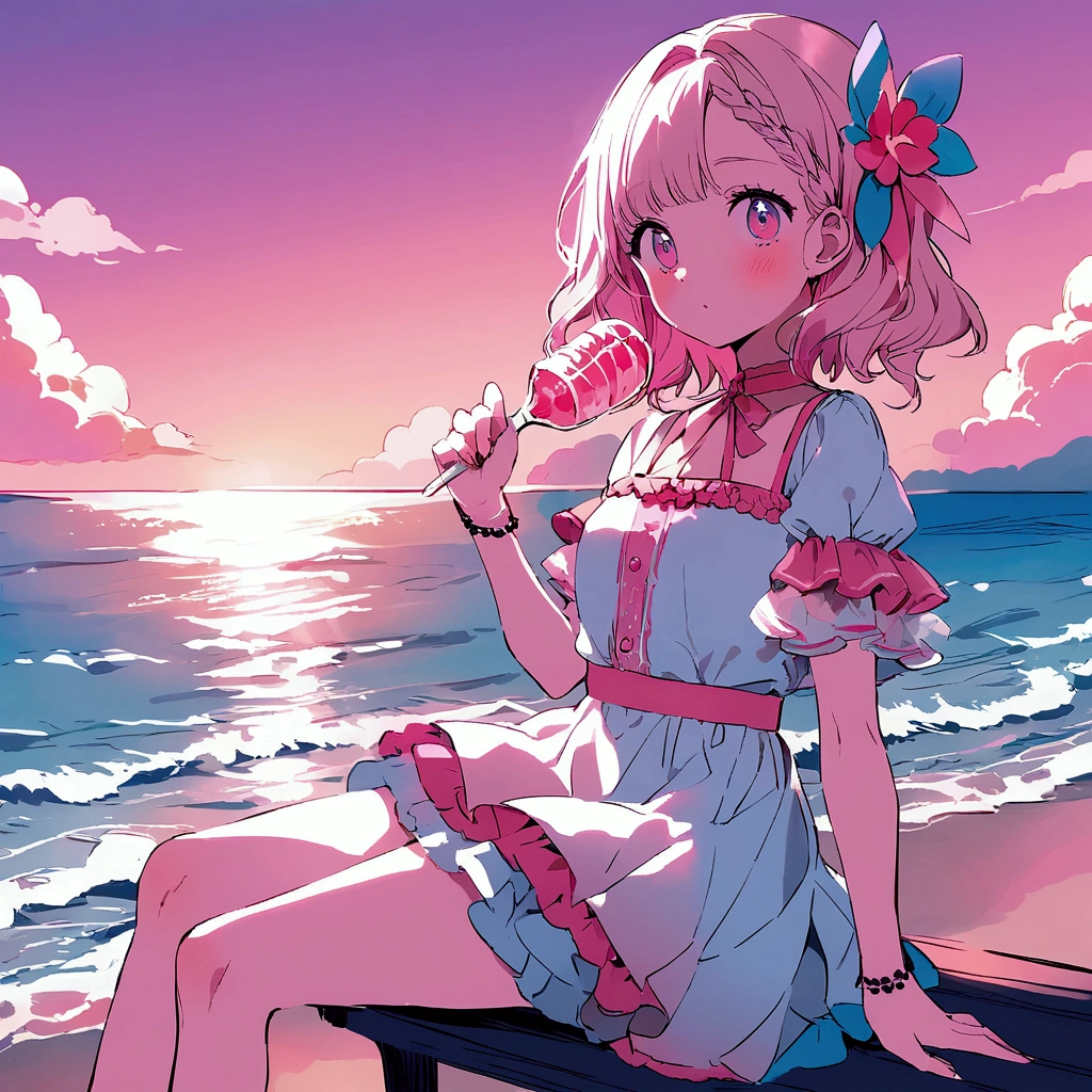 Seaside Summer Sitting Girl Nostalgic Pink Sky Pop