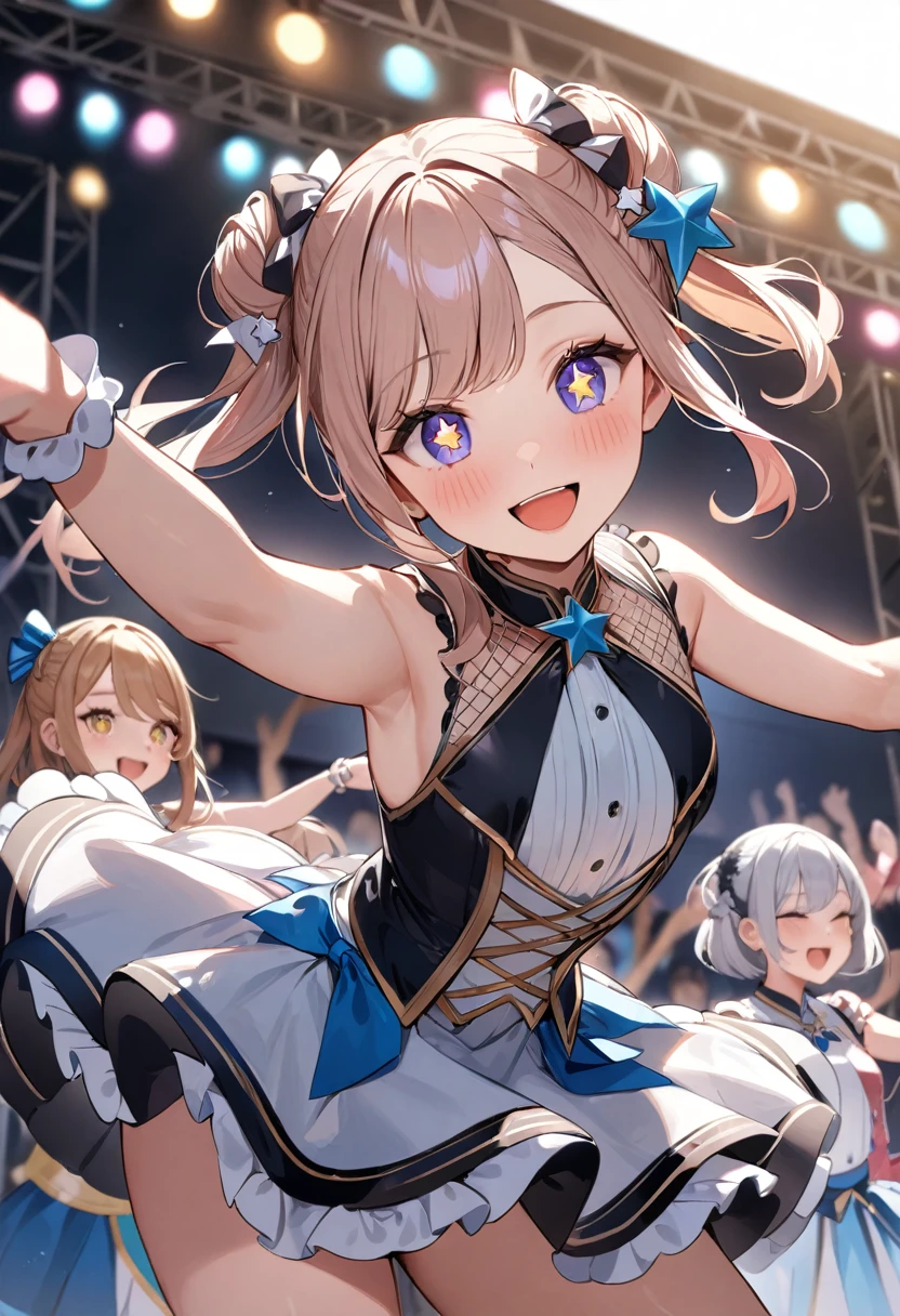 (masterpiece, top quality, very aesthetic, 4k、illustration), intricate detail, 2woman,contrapposto 、,(cowboy shot)、Dancing,(star-shaped pupils),Cute 、singing、Open mouth happy smile、Random Hairstyle、Random Hair Color、,middle hair,sidelock ,Random Color　eyes、idol clothes、small breasts、Slim 、Outdoor Stage