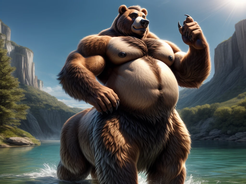 furry, fur taur, beartaur, middle-age, solo,1man, detailed face, bear ears, bear eyes(brown), bear nose(black), bear mouth, garibaldi beard(grey), hair, mature hair(grey), detailed arm, thick arm, forearm hair, muscular, thick hands(5 fingers), thick claws, detailed body belly, thick body, muscle belly(white), thick chest, chest hair(white), nipples, detailed taur body, thick taur body, waist hair, thick bear paws, bear paws hair, thick bear claws, thick bear tail, full body shot, standing in the water