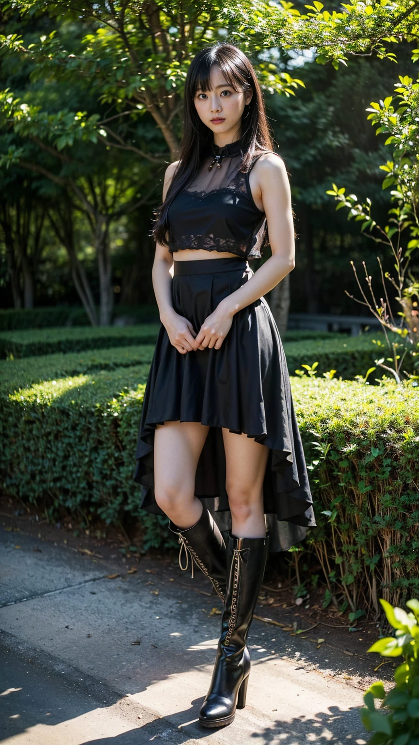 (8k、RAW Photos、Highest quality、masterpiece:1.2)、(Realistic、Realistic)、1 Girl、((Black see-through dresini skirt、garden、Exposed Skin、whole body、boots、View from the front、Looking at the camera、Stand with hands on hips))、cute