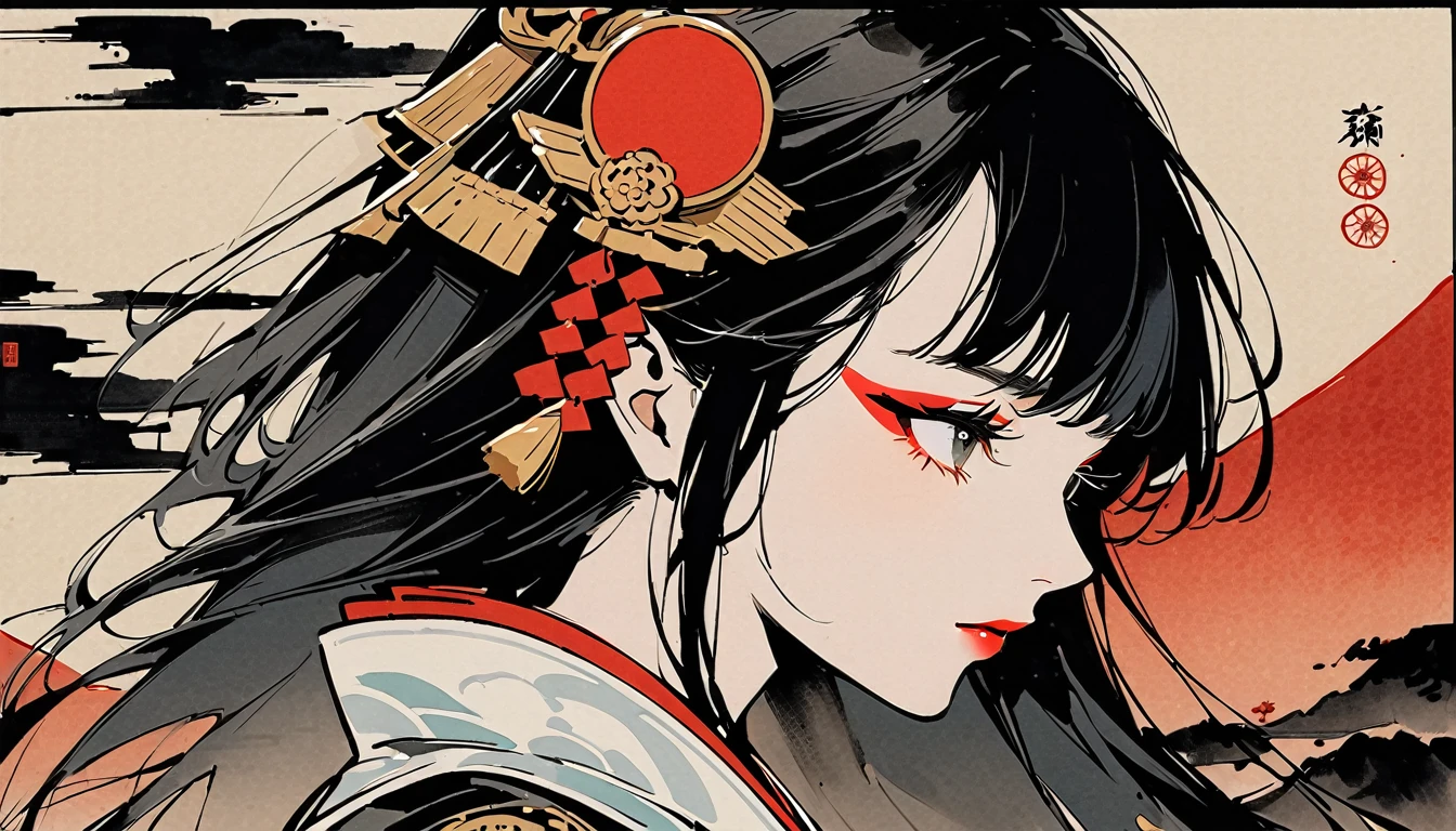 (((Ink Painting))), (((1 girl))), (((Flashy makeup))), (((Japan人女性))), (((warrior))), (((Japan刀を両手で持つ))), Black Hair, Delicate and precise, Modern ukiyo-e style,Japan, Japanese flag
