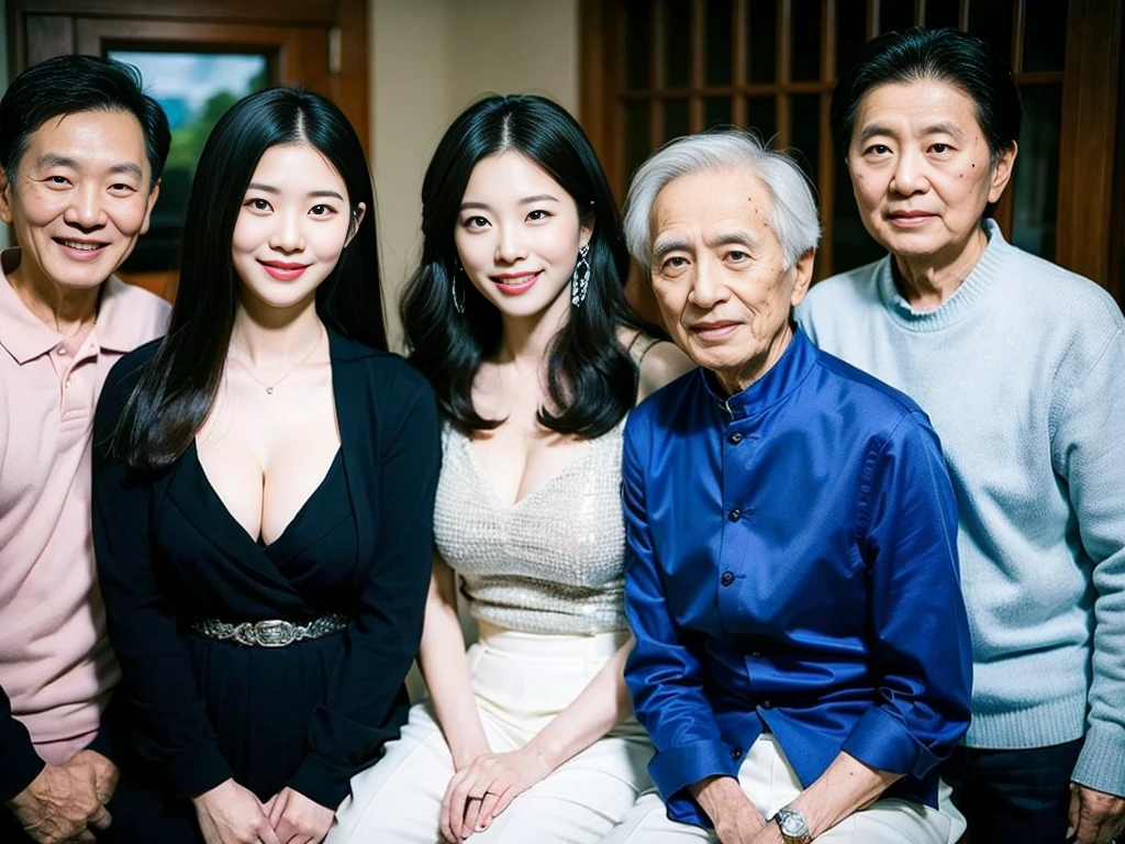 (A young and beautiful Korean female president takes a family photo with her grandparents and parents:1.3)(Grinning expression:1.2)(20-year-old:1.3)(Huge , There is cleavage in the chest:1.2),(Sweating profusely)(Huge boobs)(Elegant, shiny, long black hair:1.2))(8k, RAW Photos, Highest quality, masterpiece: 1.2),High-resolution RAW color photos, Professional photos, Very detailed and beautiful,(she&#39;She&#39;s very skinny but has big breasts:1.4), Small face:1.Perfect anatomical figure、(NSFW:1.2)(Huge breasts that make your clothes burst: 0.9) (Huge胸 :1.4)(Classy makeup,eyeliner/eye shadow,lipstick,Fair skin,Beautiful Skin)(Full body photo:1.1)(Shiny Hair:1.3)(lipstick:1.2)(Too big earrings:1.2)(Beautiful female college student:1.2)(Sexy Korean Woman:1.2)(sister:1.1))(Family group photo:1.3)(Family press conference:1.2)See-through sleeveless frills,Extra large dining room