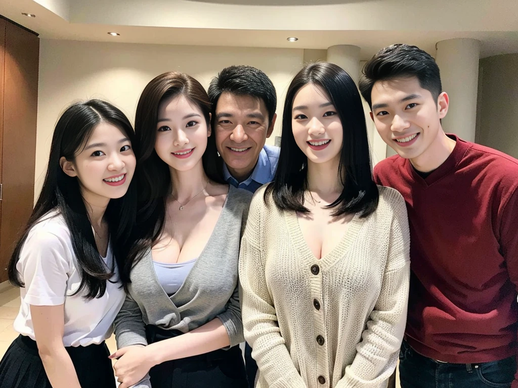 (A young and beautiful Korean female president takes a family photo with her grandparents and parents:1.3)(Grinning expression:1.2)(20-year-old:1.3)(Huge , There is cleavage in the chest:1.2),(Sweating profusely)(Huge boobs)(Elegant, shiny, long black hair:1.2))(8k, RAW Photos, Highest quality, masterpiece: 1.2),High-resolution RAW color photos, Professional photos, Very detailed and beautiful,(she'She's very skinny but has big breasts:1.4), Small face:1.Perfect anatomical figure、(NSFW:1.2)(Huge breasts that make your clothes burst: 0.9) (Huge胸 :1.4)(Classy makeup,eyeliner/eye shadow,lipstick,Fair skin,Beautiful Skin)(Full body photo:1.1)(Shiny Hair:1.3)(lipstick:1.2)(Too big earrings:1.2)(Beautiful female college student:1.2)(Sexy Korean Woman:1.2)(sister:1.1))(Family group photo:1.3)(Family press conference:1.2)See-through sleeveless frills,Extra large dining room