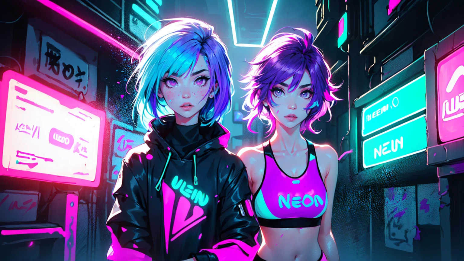 flat chested, flat stomach, tiny body, small stature, baby face,lustrous skin, bright skin,shiny skin,purple eyes,vibrant colors,rich colors,(((liquid paint hair:1.1))) ,(((neon purple hair | neon pink hair | neon blue hair | neon aqua hair | purple hair | fuchsia hair | fluorescent blue hair | amethyst hair | neon hair | bright pink hair :1.5))), ((made of paint and defies gravity,thick flowing),(paint splatter:1.3), (shiny hair: 1.3),