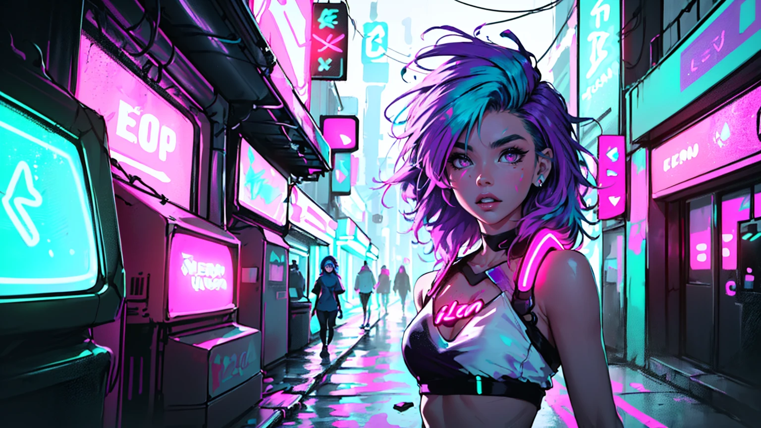 flat chested, flat stomach, tiny body, small stature, baby face,lustrous skin, bright skin,shiny skin,purple eyes,vibrant colors,rich colors,(((liquid paint hair:1.1))) ,(((neon purple hair | neon pink hair | neon blue hair | neon aqua hair | purple hair | fuchsia hair | fluorescent blue hair | amethyst hair | neon hair | bright pink hair :1.5))), ((made of paint and defies gravity,thick flowing),(paint splatter:1.3), (shiny hair: 1.3),