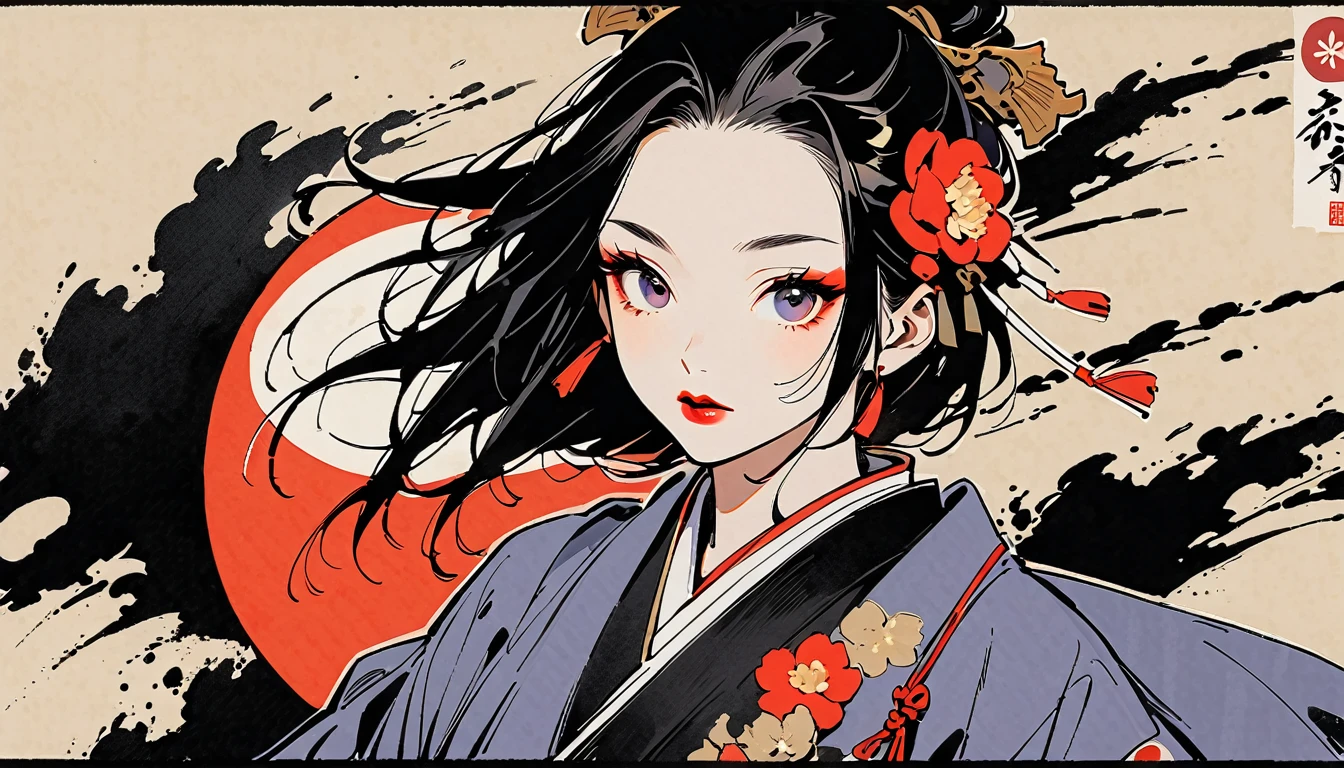 (((Ink Painting))), (((1 girl))), (((Flashy makeup))), (((Japan人女性))), (((warrior))), (((Japan刀を手で持つ))), Black Hair, Delicate and precise, Modern ukiyo-e style,Japan, Japanese flag