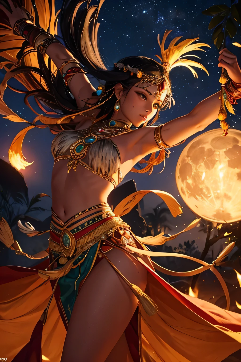 A stunning Amazon warrior performs a traditional dance under the moonlight, surrounded by the shadowy greenery of the jungle. She wears a beautifully intricate traditional outfit made of feathers, beads, and animal skins, which glisten in the silvery light. Her movements are energetic and graceful as she dances around a central bonfire, which crackles and sends up sparks into the night sky. The scene is filled with the sounds of drums and festive music, and other tribe members watch in admiration. The moonlight casts an ethereal glow on her and the surroundings, creating a mystical and enchanting atmosphere.
