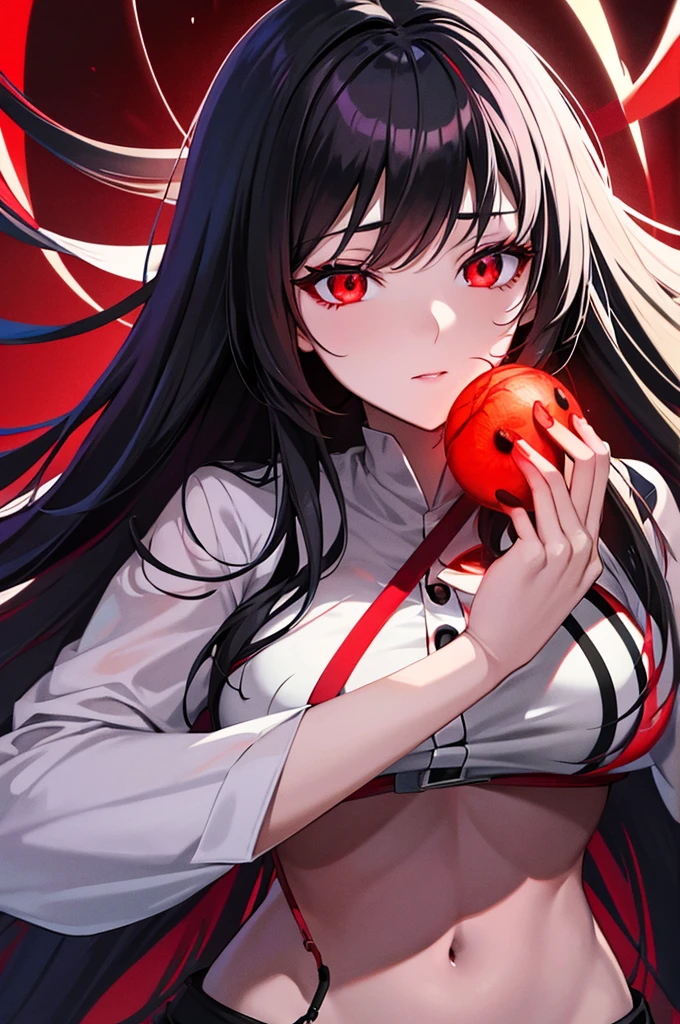 anime drawing of a woman with Red eyes and a black hair, an anime drawing inspiRed by Jin Homura, tumbler, mingei, with Red glowing eyes, with glowing Red eyes, fully Red eyes no pupils, ((Red)) Loose eyes, No face, fully Red eyes, with Red eyes, large Red eyes!!!, Red eyes glowing