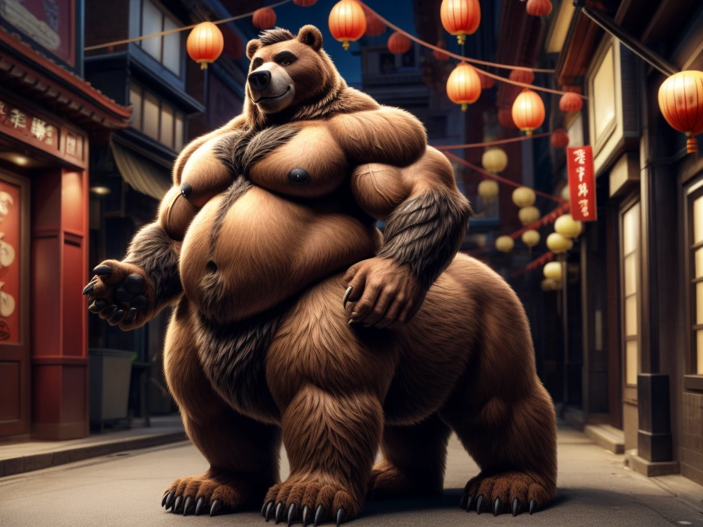 furry, fur taur, beartaur, middle-age, solo,1man, detailed face, bear ears, bear eyes(brown), bear nose(black), bear mouth, garibaldi beard(grey), hair, mature hair(grey), detailed arm, thick arm, forearm hair, muscular, thick hands(5 fingers), thick claws, detailed body belly, thick body, muscle belly(white), thick chest, chest hair(white), nipples, detailed taur body, thick taur body, waist hair, thick bear paws, bear paws hair, thick bear claws, thick bear tail, full body shot, standing in the Chinatown