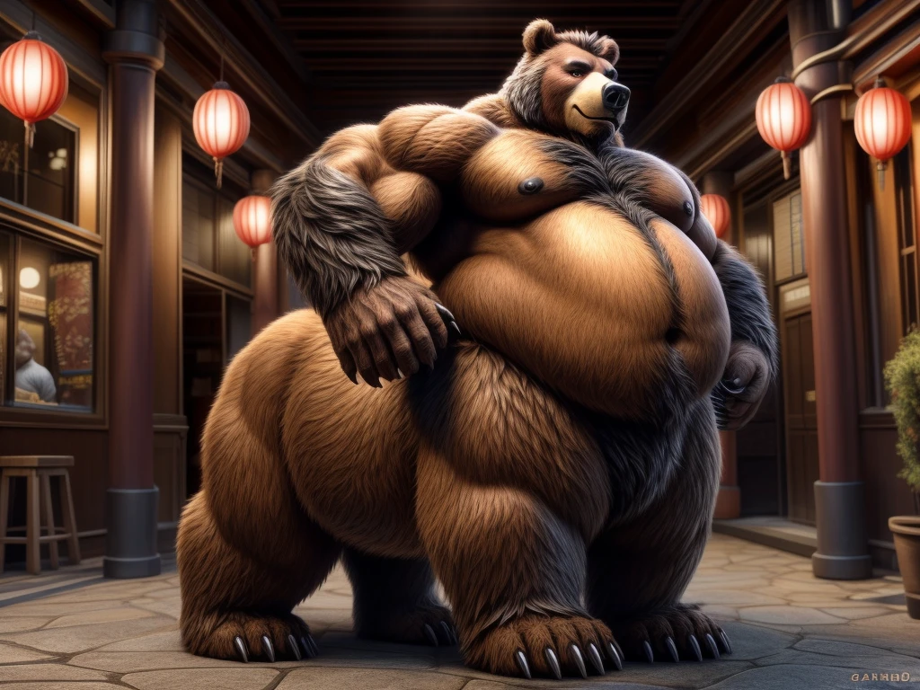 furry, fur taur, beartaur, middle-age, solo,1man, detailed face, bear ears, bear eyes(brown), bear nose(black), bear mouth, garibaldi beard(grey), hair, mature hair(grey), detailed arm, thick arm, forearm hair, muscular, thick hands(5 fingers), thick claws, detailed body belly, thick body, muscle belly(white), thick chest, chest hair(white), nipples, detailed taur body, thick taur body, waist hair, thick bear paws, bear paws hair, thick bear claws, thick bear tail, full body shot, standing in the Chinatown