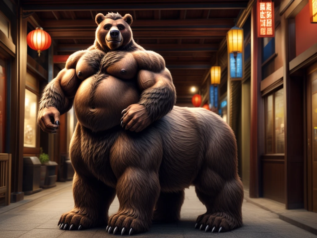 furry, fur taur, beartaur, middle-age, solo,1man, detailed face, bear ears, bear eyes(brown), bear nose(black), bear mouth, garibaldi beard(grey), hair, mature hair(grey), detailed arm, thick arm, forearm hair, muscular, thick hands(5 fingers), thick claws, detailed body belly, thick body, muscle belly(white), thick chest, chest hair(white), nipples, detailed taur body, thick taur body, waist hair, thick bear paws, bear paws hair, thick bear claws, thick bear tail, full body shot, standing in the Chinatown