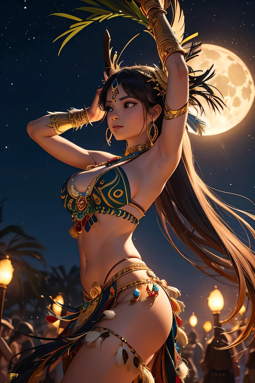 A stunning Amazon warrior performs a traditional dance under the moonlight, surrounded by the shadowy greenery of the jungle. She wears a beautifully intricate traditional outfit made of feathers, beads, and animal skins, which glisten in the silvery light. Her movements are energetic and graceful as she dances around a central bonfire, which crackles and sends up sparks into the night sky. The scene is filled with the sounds of drums and festive music, and other tribe members watch in admiration. The moonlight casts an ethereal glow on her and the surroundings, creating a mystical and enchanting atmosphere.
