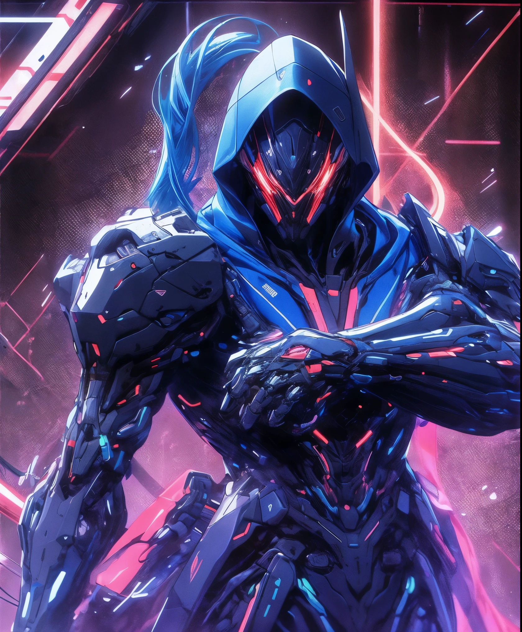 a man in a neon blue jacket and black pants standing in a dark room, wearing cultist neon blue robe, neon attire, character from mortal kombat, as a character in tekken, fighting game character, cyberpunk assassin, neon blue hooded mage, cyberpunk outfits, crimson clothes, the neon blue ninja, wearing leather assassin armor, an edgy teen assassin, cool neon blue jacket, cyberpunk street goon