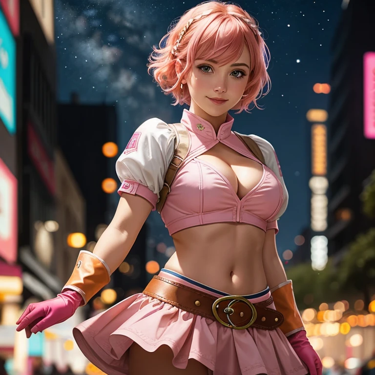 topless woman,cowboy shot, beautiful nora_valkyrie, looking at viewer, smile, short hair, blue eyes,heart cutout, gloves, jacket, pink skirt, pink belt, short sleeves, puffy sleeves, single armband, fingerless gloves, orange hair, pink gloves, dynamic pose, night, outdoors, city, (volumetric lighting), best quality, masterpiece, intricate details, tonemapping, sharp focus, hyper detailed, trending on Artstation