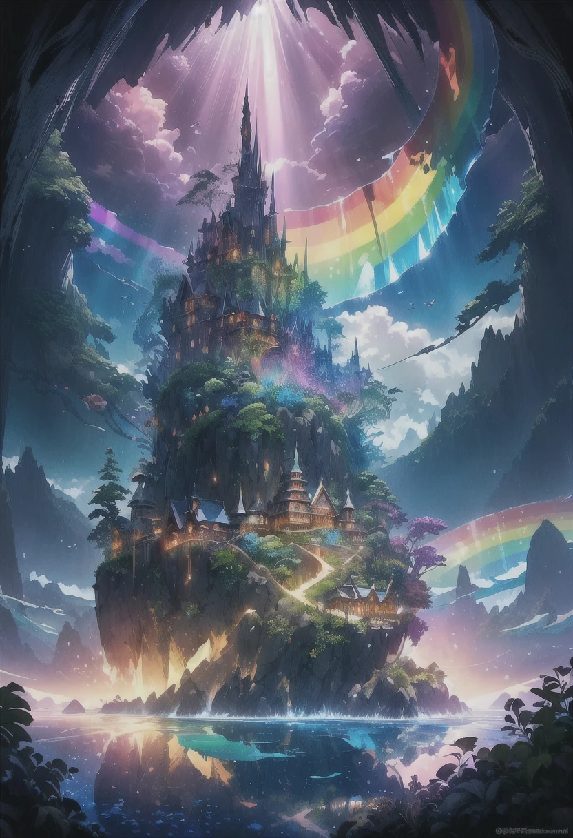 Super detailed, Super complicated, Extremely precise, Mysterious Island, Gothic fantasy meets crystal art, High transparency, Dark fantasy collaboration, Fantastic rainbow-colored mirror reflection, Transparent full color clear water, Sunlight casts a dramatic light on the island, BREAK Professional spray work, Extremely detailed and intricate brushwork, Detailed and clear depiction, Absurd aesthetics, 
BREAK Simply Beautiful, A dark background that makes the subject stand out, Dramatic light and shadow, Cinematic lighting for dramatic subject emphasis, A fusion of aesthetics and impact, 
BREAK Highest quality, Highest Resolution, Optimized Octane Rendering, super retina vision, 