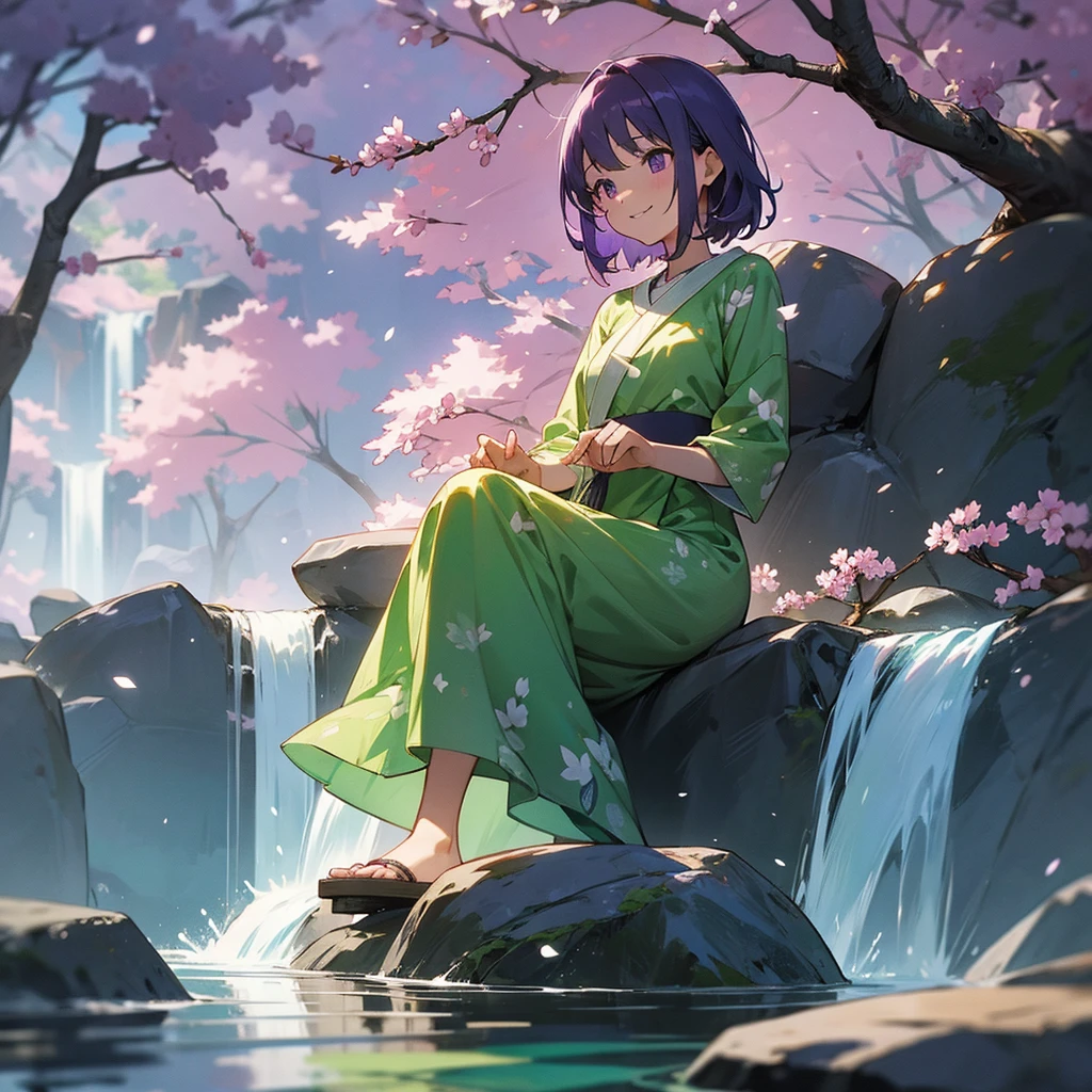 A girl sitting beside a waterfall on a stone wearing a sakura print green dress. Playing with water. (Light particles) having purple eyes and smiling brightly 