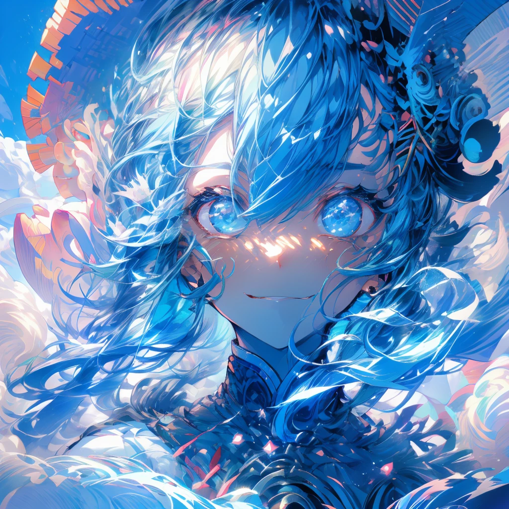 单孤boy, 1个boy,一个boy,boy雕塑, best quality, Extremely detailed, Light, Intricate details, high resolution, Official Art, Delicate face and eyes, high resolution插图, 8K, dark, Strong shadows, Overexposure,((space)),boy们, universe, Light blue hair, Gradient hair, White Dress, , Long Teng flowing sweatshirt long sleeve, Detailed clouds, Gradient sky, Light blue eyes, Blue sky, Smile, Upper Body,一个boy,boy