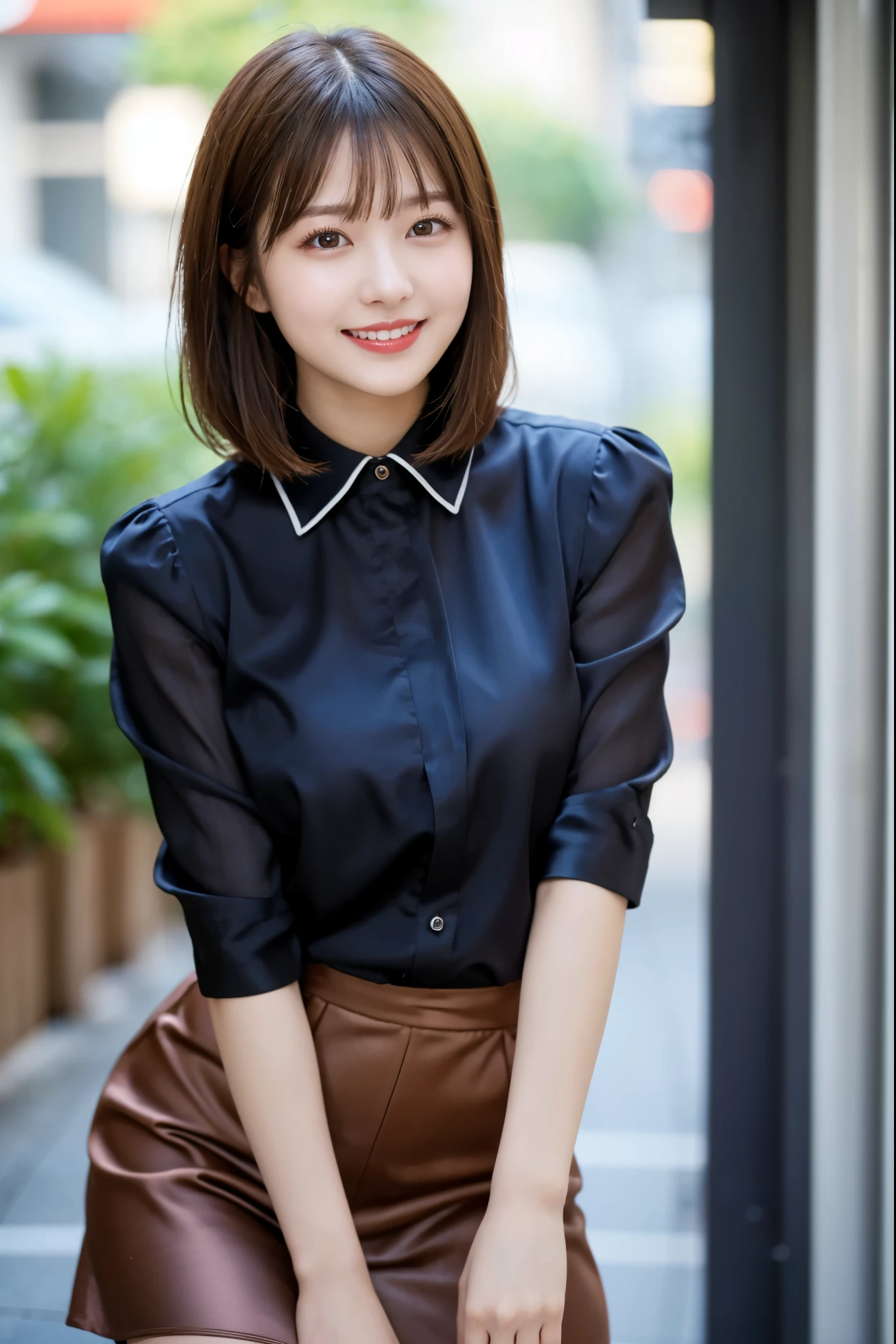 (((8k、High resolution、Highest quality、High resolution)))alone、Natural body shape、1 girl, (Look at the camera with a smile), 20-year-old, OL、cute, Japanese, Gradient Hair Color, Wolf Bob Cut Hairstyle, Ponytail hairstyle, Natural lips, (Glossy Satin Blouse、Tight Skirt、Business Fashion, Ultra-realistic pantyhose), Modern place background, Knee Shot, Face Focus, Perfect body, Perfect Arms, Perfect Fingers, Perfect Legs, Perfect Hair, pores, Realistic skin texture, Perfect Teeth, (Low position), (Low Angle)