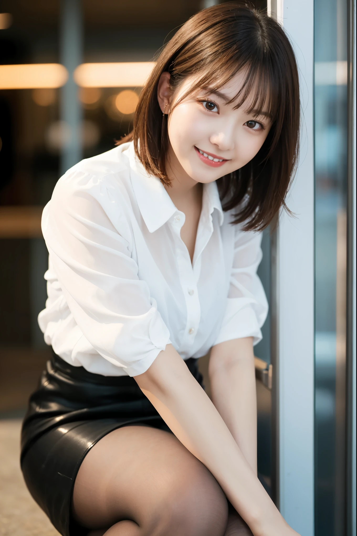 (((8k、High resolution、Highest quality、High resolution)))alone、Natural body shape、1 girl, (Look at the camera with a smile), 20-year-old, OL、cute, Japanese, Gradient Hair Color, Wolf Bob Cut Hairstyle, Ponytail hairstyle, Natural lips, (Glossy Satin Blouse、Tight Skirt、Business Fashion, Ultra-realistic pantyhose), Modern place background, Knee Shot, Face Focus, Perfect body, Perfect Arms, Perfect Fingers, Perfect Legs, Perfect Hair, pores, Realistic skin texture, Perfect Teeth, (Low position), (Low Angle)