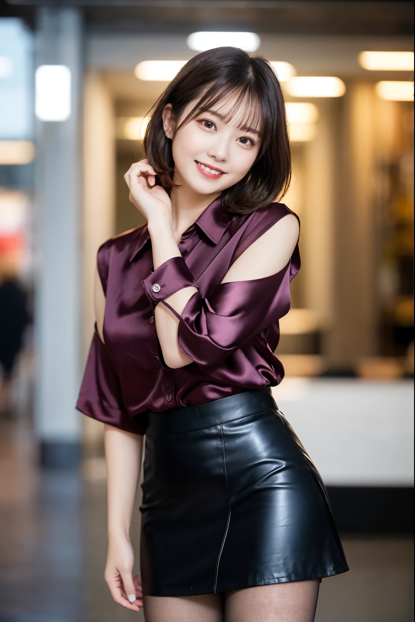 (((8k、High resolution、Highest quality、High resolution)))alone、Natural body shape、1 girl, (Look at the camera with a smile), 20-year-old, OL、cute, Japanese, Gradient Hair Color, Wolf Bob Cut Hairstyle, Ponytail hairstyle, Natural lips, (Glossy Satin Blouse、Tight Skirt、Business Fashion, Ultra-realistic pantyhose), Modern place background, Knee Shot, Face Focus, Perfect body, Perfect Arms, Perfect Fingers, Perfect Legs, Perfect Hair, pores, Realistic skin texture, Perfect Teeth, (Low position), (Low Angle)