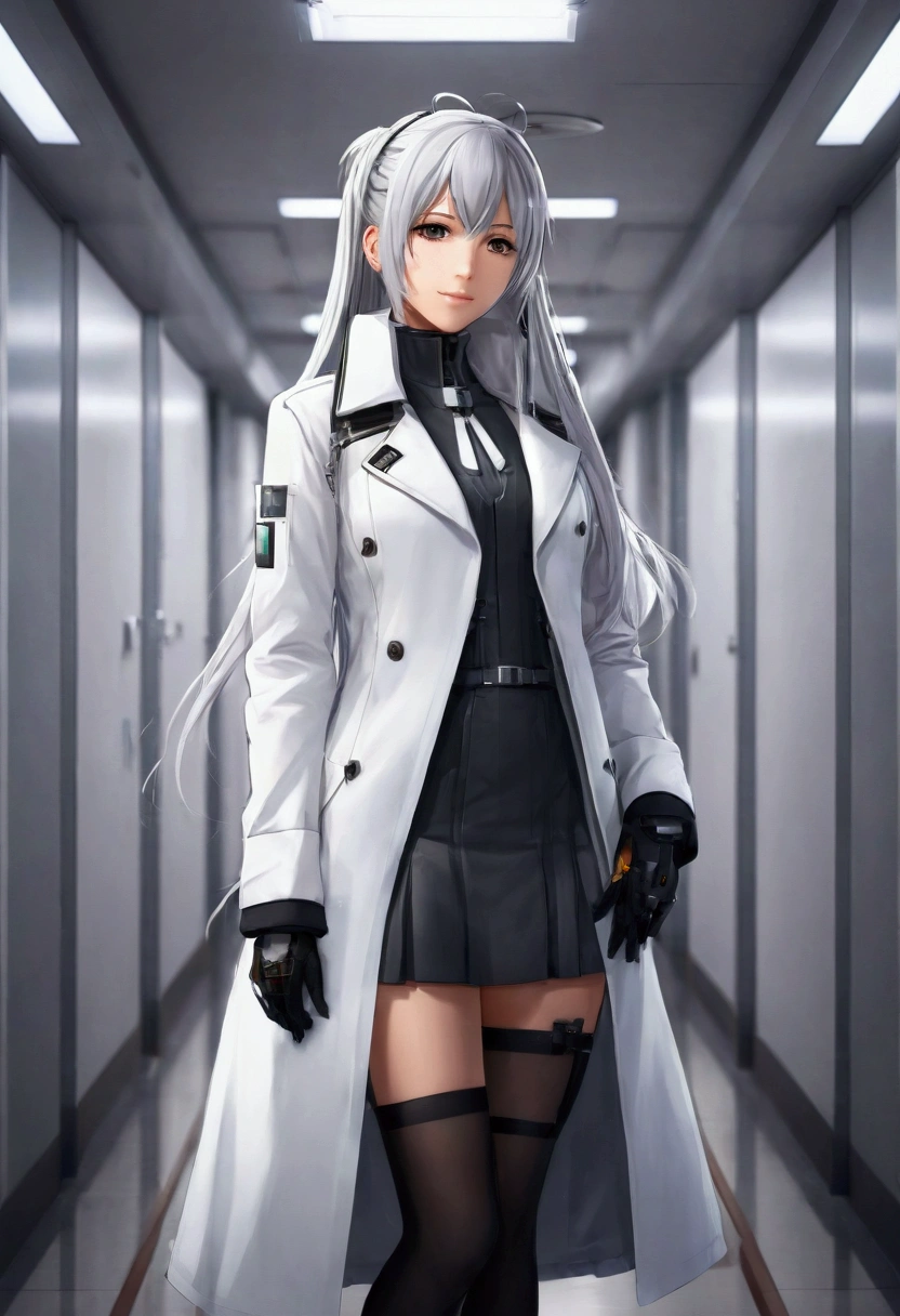 Anime girl with long hair and white coat standing in a hallway., girls frontline style, of frontline girls, de Arknights, portrait anime girl space cadet, cute anime girl, visual anime of a cute girl, silver hair girl, an anime girl, anime mecha aesthetic, anime aesthetic, beautiful animated portrait, anime girl portrait, cute anime girl, beautiful anime girl