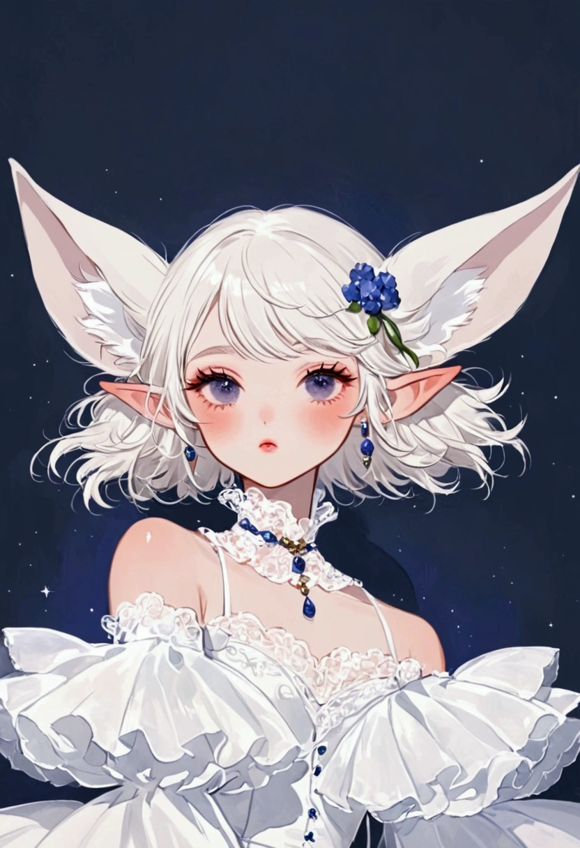 1 beautiful girl，White short hair，Elf ears，Exaggerated dress，多层Fluffy领子，Bare shoulders，Exaggerated sleeves，Fluffy，Fluffy白色薄纱，Dark solid background
