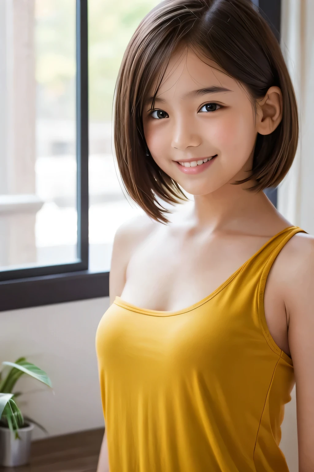 Beautiful 12 year old girl, One-shoulder tank top, A refreshing smile, Short Bob