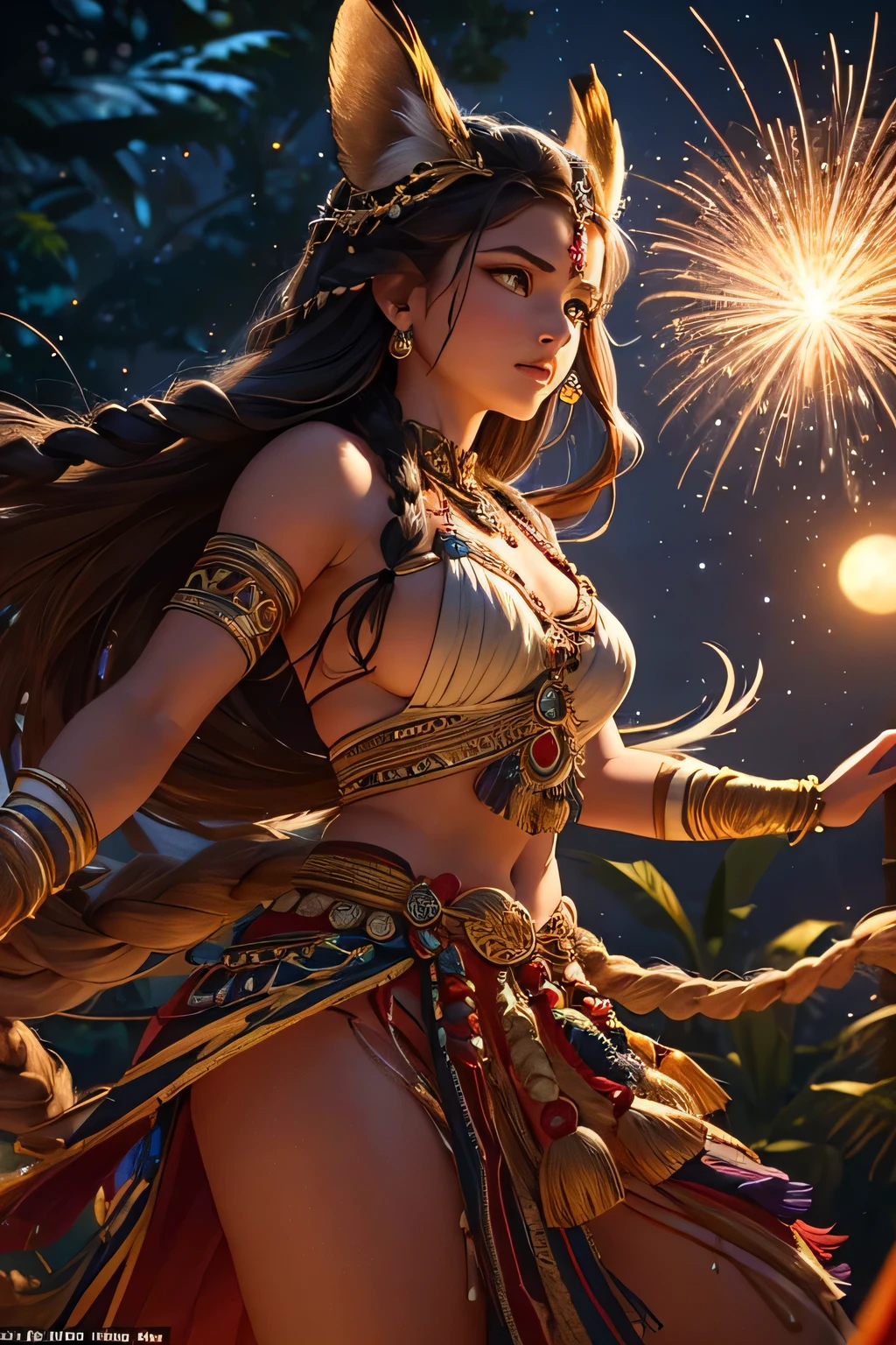 A stunning braid hair Amazon warrior performs a traditional dance under the moonlight, surrounded by the shadowy greenery of the jungle. She wears a beautifully intricate traditional outfit made of feathers, beads, and animal skins, which glisten in the silvery light. Her movements are energetic and graceful as she dances around a central bonfire, which crackles and sends up sparks into the night sky. The scene is filled with the sounds of drums and festive music, and other tribe members watch in admiration. The moonlight casts an ethereal glow on her and the surroundings, creating a mystical and enchanting atmosphere.
