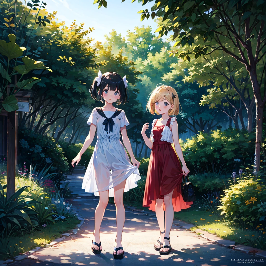 {{{Masterpiece, highest quality, high resolution background}}}, bright and beautiful atmosphere, 3 girls (2 years old, 1 short-tempered round face), 1  (hair, surface effects), small breasts, changing clothes under a tree , {{{(((Girl who takes off her dress with both hands and pulls it down to her feet))}}}, Swimsuit under dress, plastic bag on her feet, wearing beach sandals,, Sandy beach, ``deltamon_sdXL :0.73) > Deltamon”
