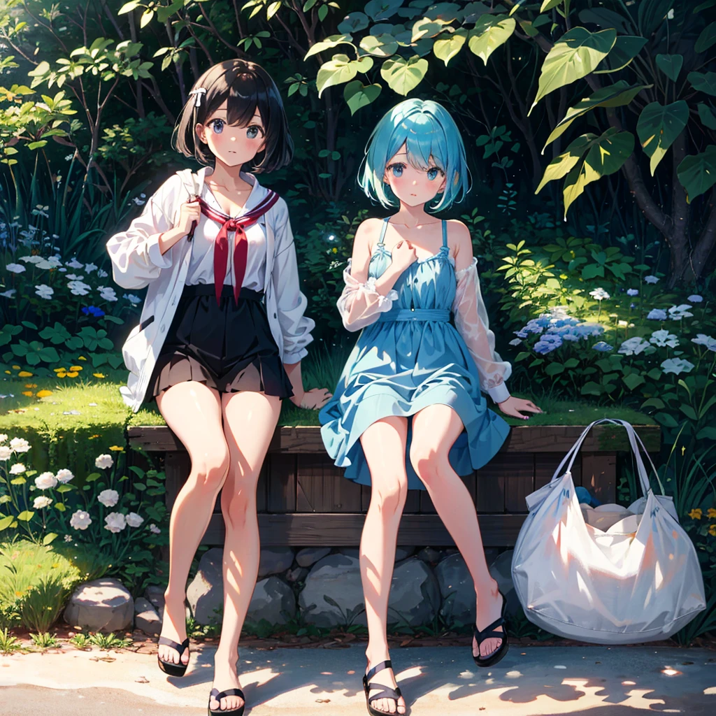 {{{Masterpiece, highest quality, high resolution background}}}, bright and beautiful atmosphere, 3 girls (2 years old, 1 short-tempered round face), 1 (hair, surface effects), small breasts, changing clothes under a tree , {{{(((Girl who takes off her dress with both hands and pulls it down to her feet))}}}, Swimsuit under dress, plastic bag on her feet, wearing beach sandals,, Sandy beach, ``deltamon_sdXL :0.73) > Deltamon”