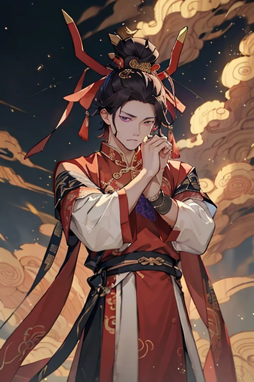 ((best quality)), ((masterpiece)), (detailed), Male immortals,Front image,Chinese Mythology,During the Song Dynasty。This is a man called the Son of the Demon Lord.。他的身后是During the Song Dynasty的宫殿。He has purple eyes,Looks very sad,It's like thinking。He looks handsome.,Put your hands behind your back。The background is a dark sky and white clouds,背景里还有During the Song Dynasty的宫殿。