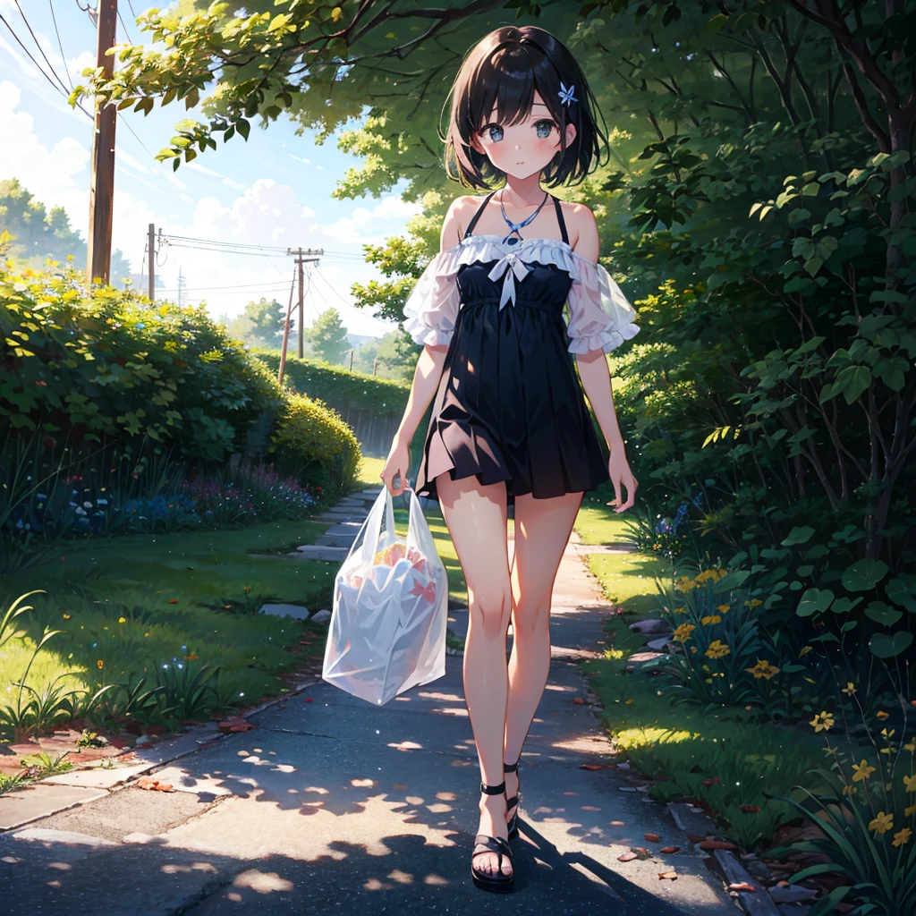 {{{Masterpiece, highest quality, high resolution background}}}, bright and beautiful atmosphere, 3 girls (2 years old, 1 short-tempered round face), 1 (hair, surface effects), small breasts, changing clothes under a tree , {{{(((Girl who takes off her dress with both hands and pulls it down to her feet))}}}, Swimsuit under dress, plastic bag on her feet, wearing beach sandals,, Sandy beach, ``deltamon_sdXL :0.73) > Deltamon”