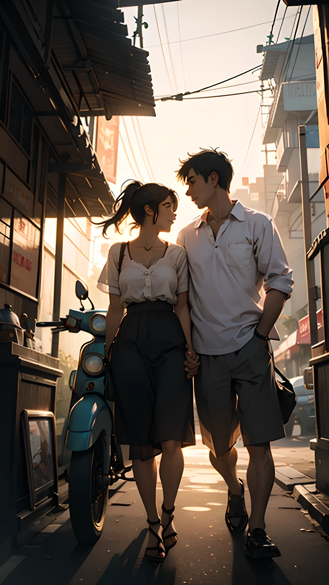 A Couple in an auto rickshaw, short clothes, sunny evening, hyperrealistic, detailed, cinematic lighting, 