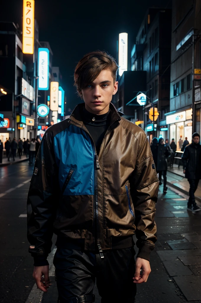 Young man with blue eyes light brown hair stylish haircut in a cyberpunk style. 
He's wearing futuristic streetwear appropriate to a cyberpunk setting, standing in a brightly-lit urban street of the future. 
The overall atmosphere of the image is positive and bright, contrasting the usual dark tones associated with cyberpunk. 