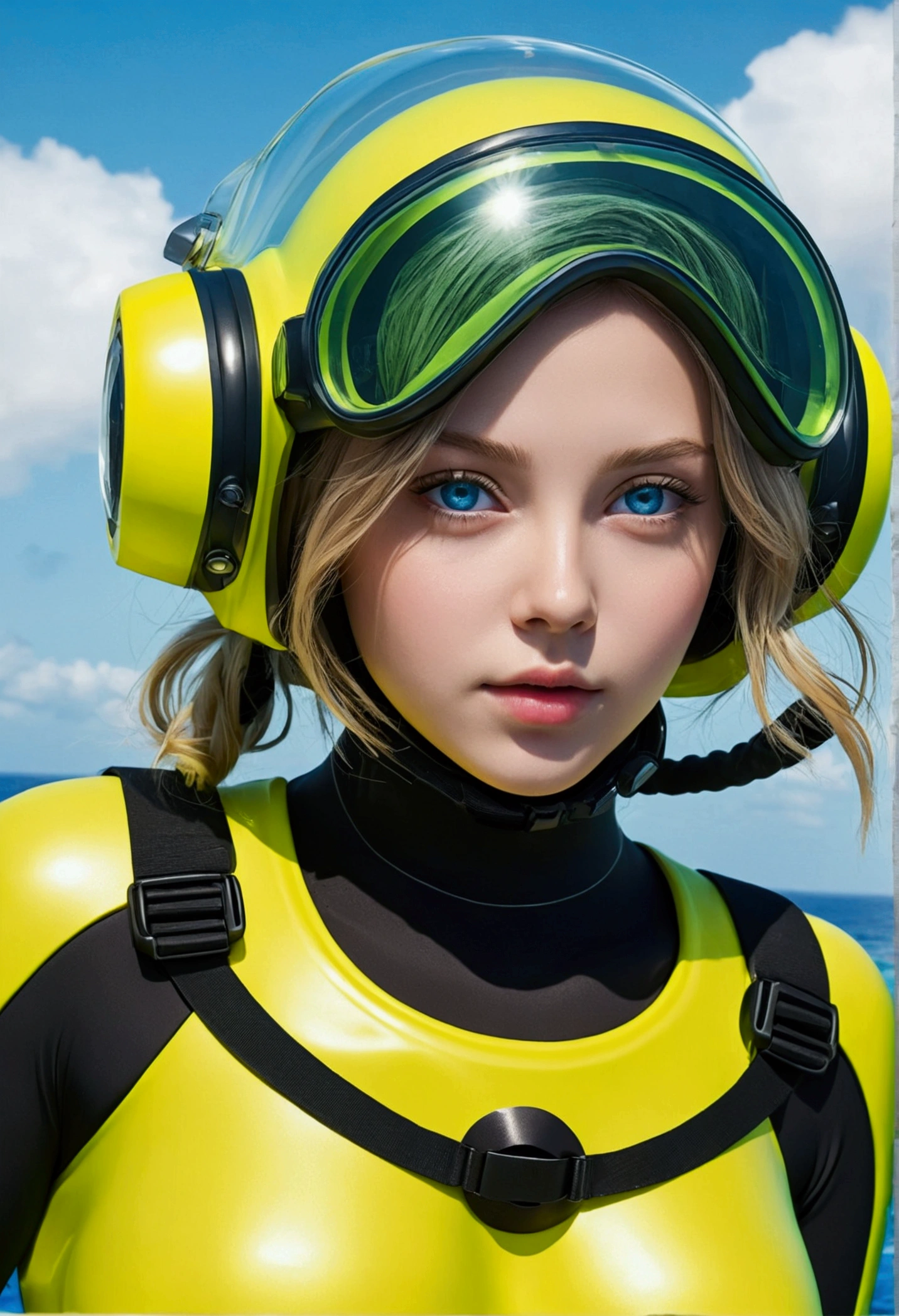 Highest quality、High resolution、One Girl、Big Breasts、Thick outline、Fluorescent blue eyes、Yellow-green diving suit、Transparent helmet、