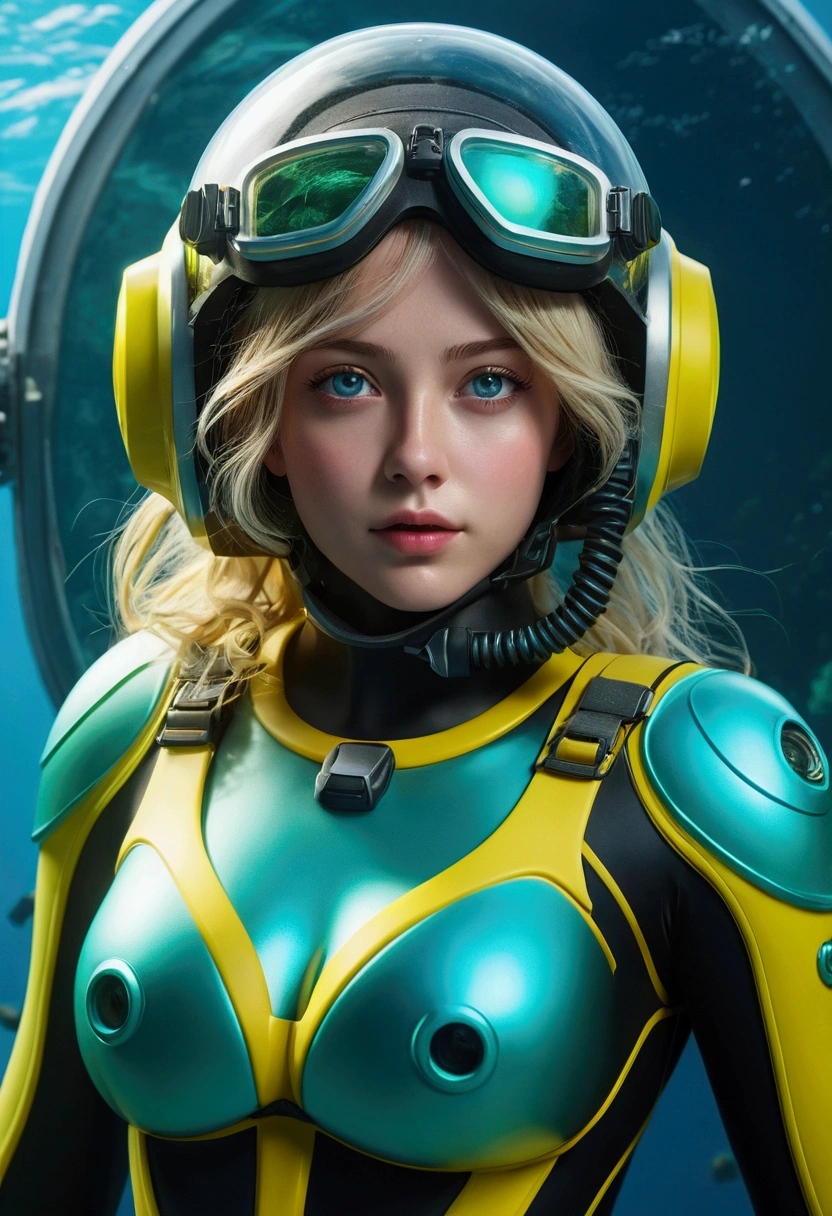 Highest quality、High resolution、One Girl、Big Breasts、Thick outline、Fluorescent blue eyes、Yellow-green diving suit、Transparent helmet、