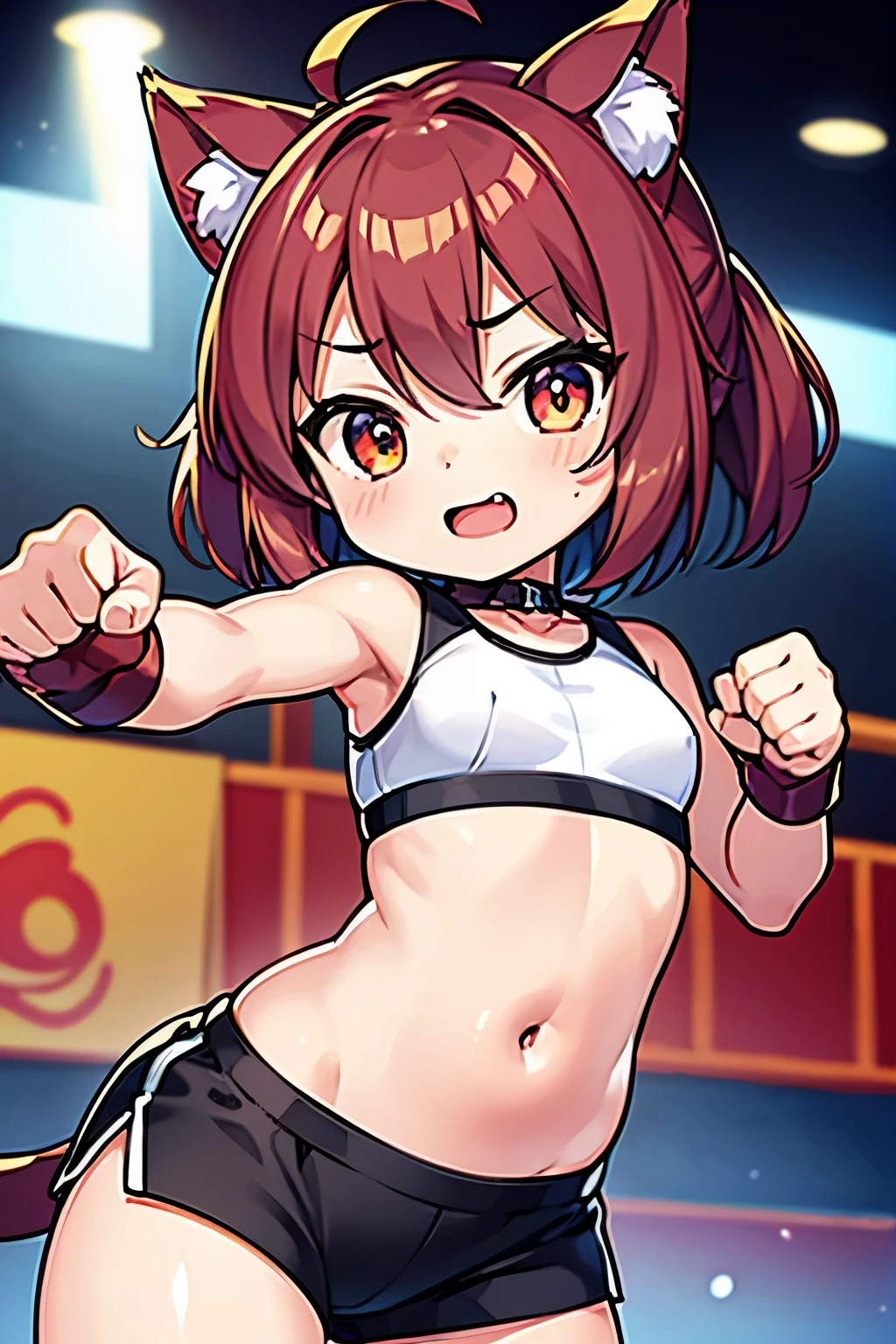 boxing、Young Girl、(child:1.3)、(stomach:1.1)、belly button、Shorts、Cat ear、Cat's tail